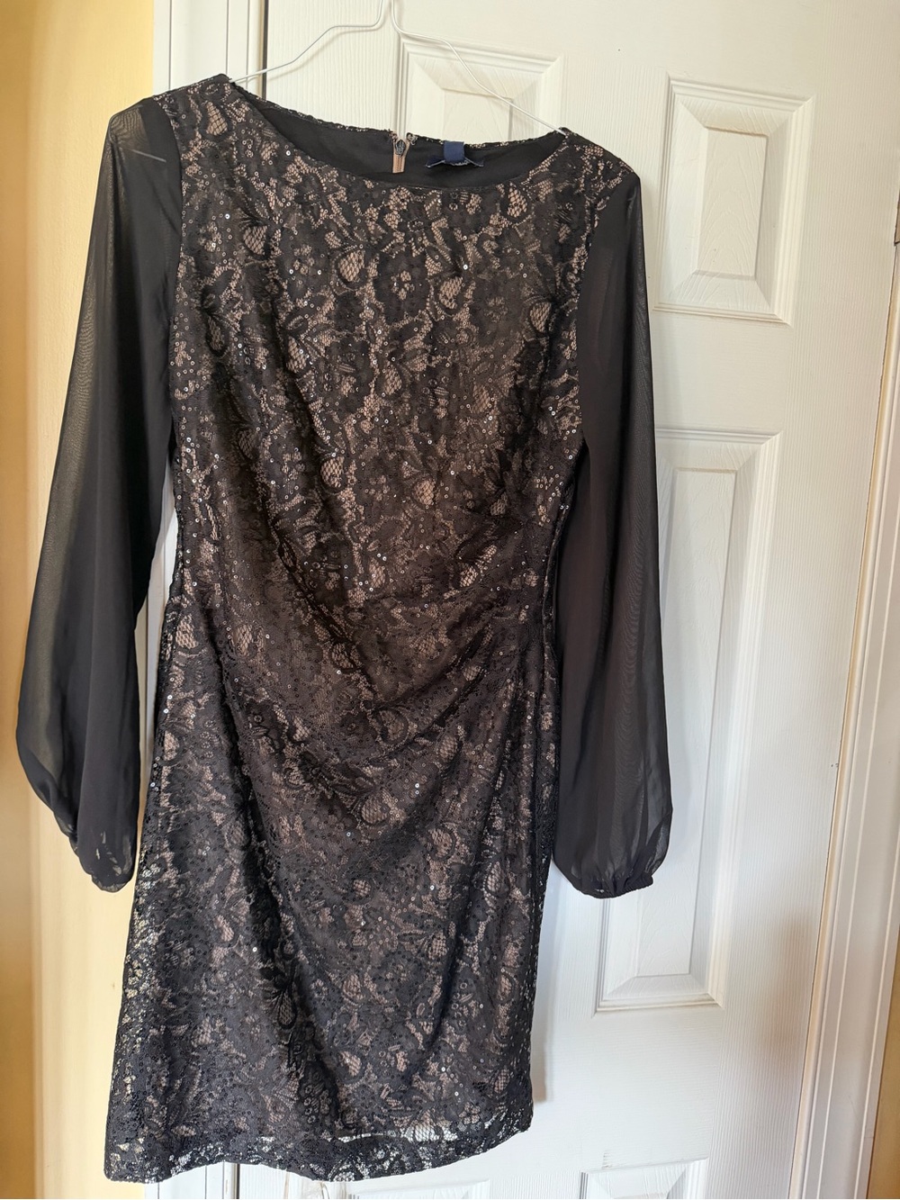 Chaps Black Lace Sheath Dress with Sheer Long Sleeves
